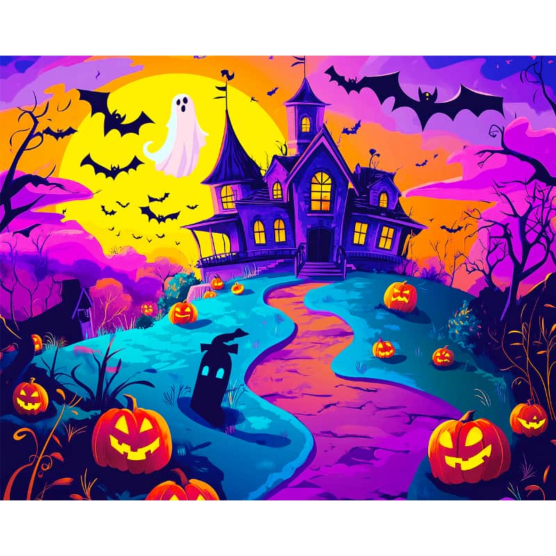 Halloween-themed illustration with a haunted house, pumpkins, and bats.