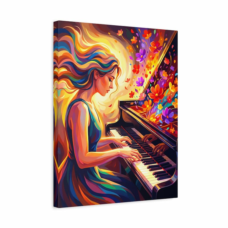 Colorful artwork of a woman playing a piano with vibrant hair and flowers.