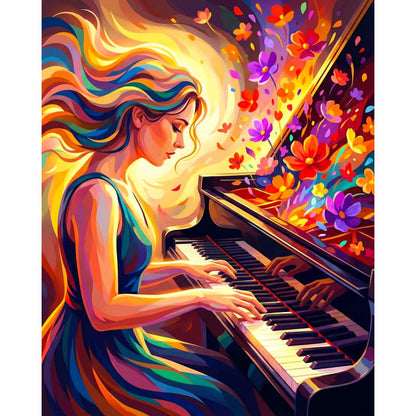 Colorful illustration of a woman playing a piano with flowers and light effects
