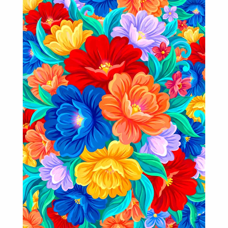 Colorful floral pattern with various flowers on a multicolor background