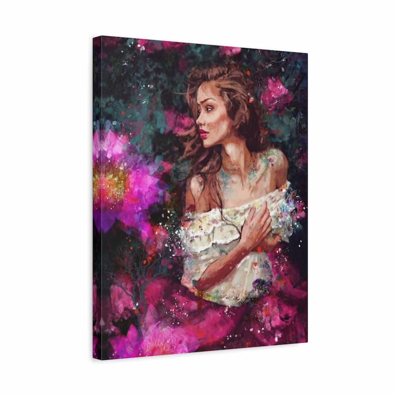 Expressive portrait of a woman with magenta and violet abstract background - Paint by Numbers Kit shown in a frame