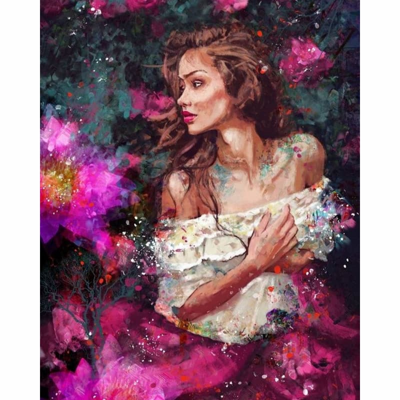 Expressive portrait of a woman with magenta and violet abstract background - Paint by Numbers Kit