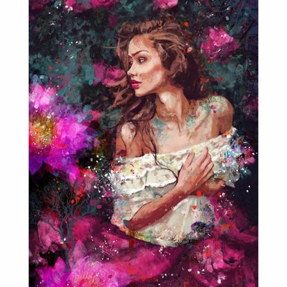 Expressive portrait of a woman with magenta and violet abstract background - Paint by Numbers Kit