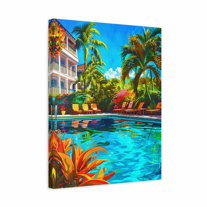Canvas print of a tropical resort scene with pool, palm trees, and lounge chairs.