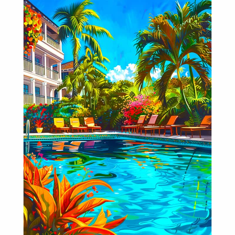 Colorful tropical scene with a pool, palm trees, and lounge chairs.