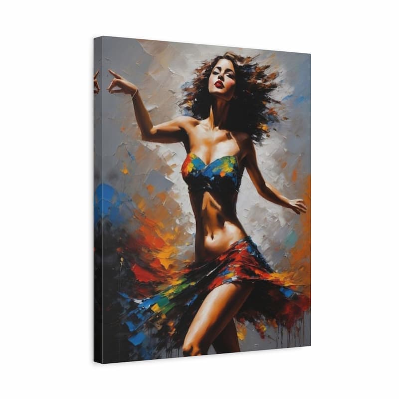 Abstract painting of a woman dancing in a colourful dress with blue and red tones Paint by Numbers Kit shown in a frame