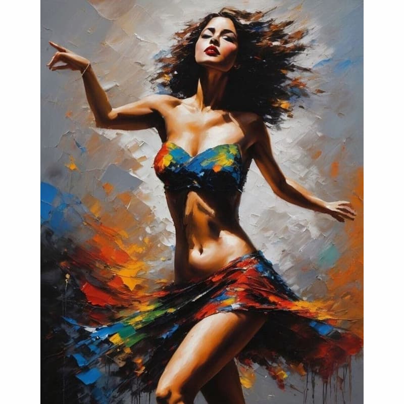 Abstract painting of a woman dancing in a colourful dress with blue and red tones Paint by Numbers Kit