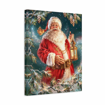 Canvas print of Santa Claus holding a lantern with a festive background