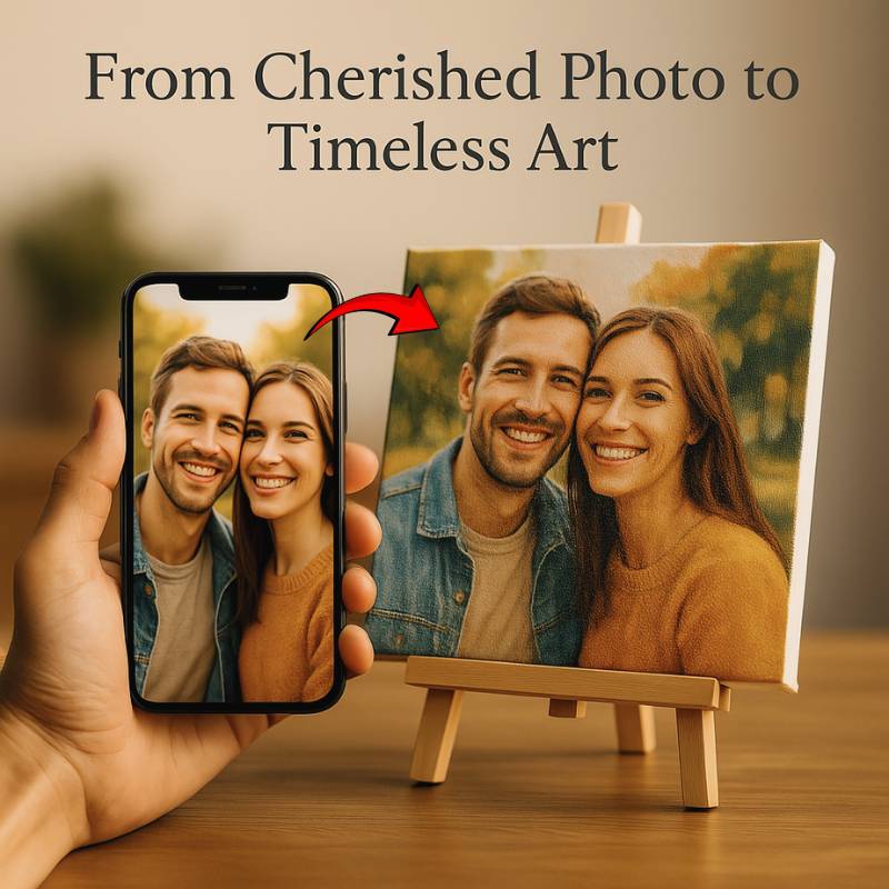 Hand holding a phone with a photo of a couple, leading to a printed portrait on an easel.