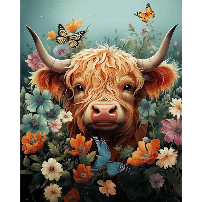 Painting of a highland cow surrounded by flowers and butterflies