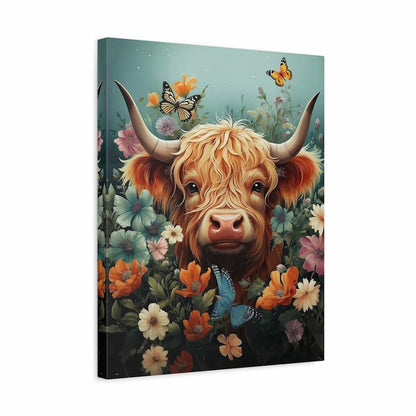 Canvas print of a highland cow surrounded by flowers and butterflies on a light blue background