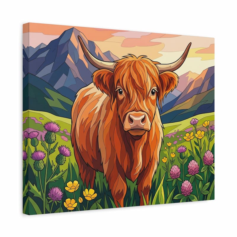 Painting of a Highland cow in a field with mountains and flowers