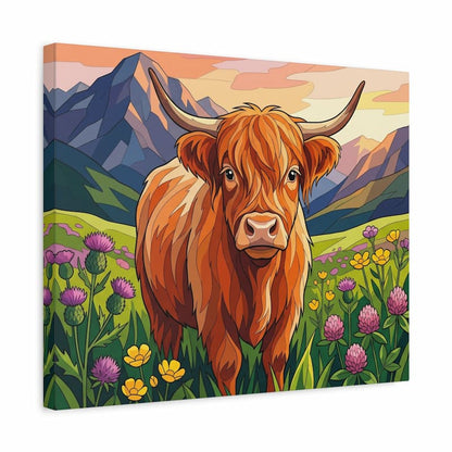 Painting of a Highland cow in a field with mountains and flowers