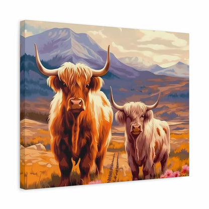 Canvas print of two long-horned cows in a mountainous landscape