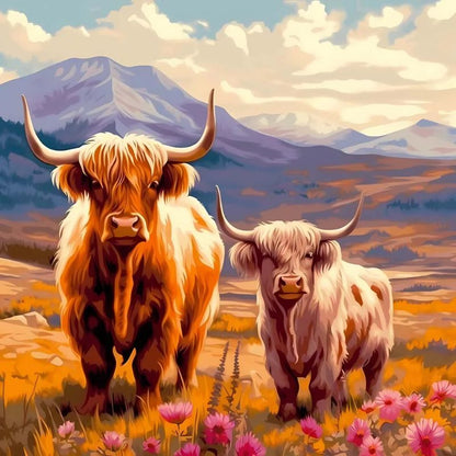 Two highland cows standing in a field with mountains in the background