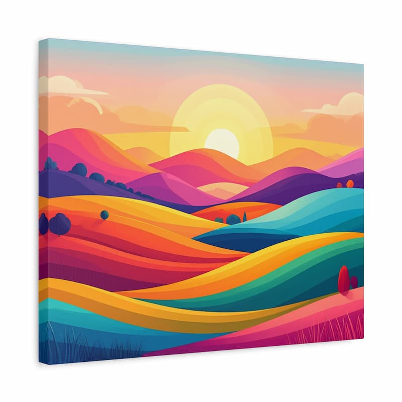 Colorful abstract landscape painting with a sunset on a white background