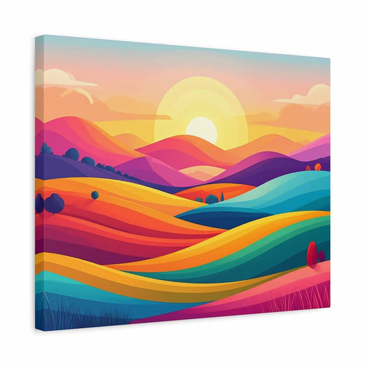Colorful abstract landscape painting with a sunset on a white background