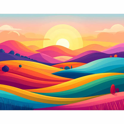 Colorful landscape with rolling hills and a sunset