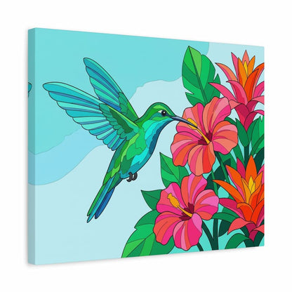 Canvas print with a colorful hummingbird and tropical flowers on a light blue background