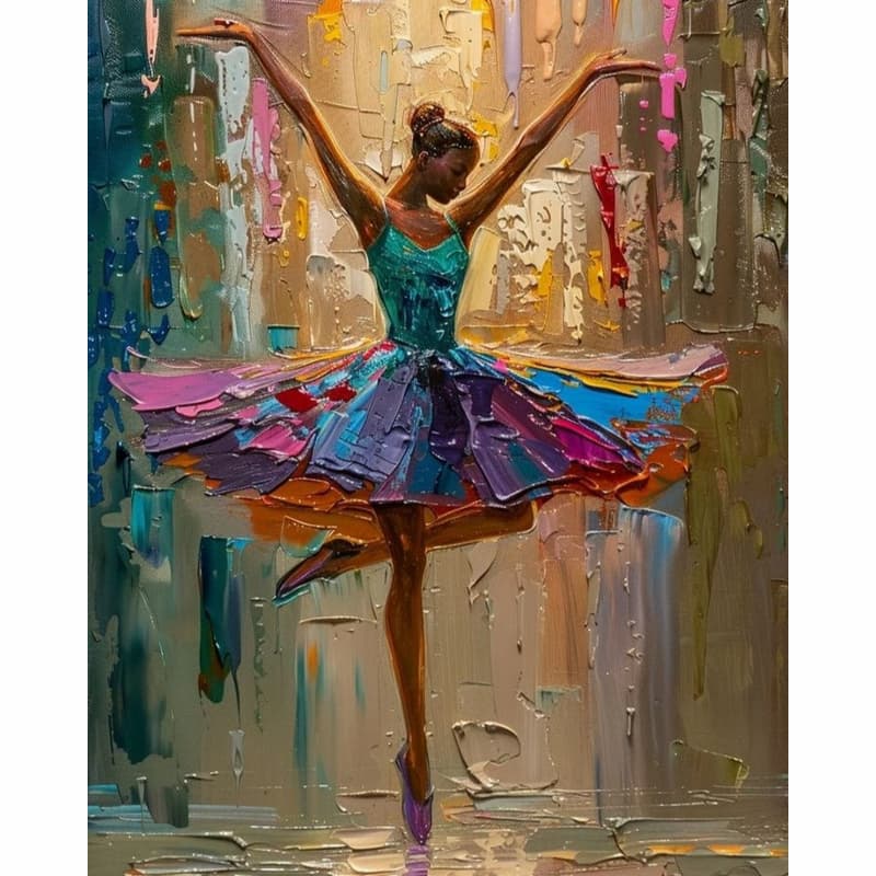 Abstract painting of a dancer with a colourful dress in teal, violet, and gold - Paint by Numbers Kit shown in a frame