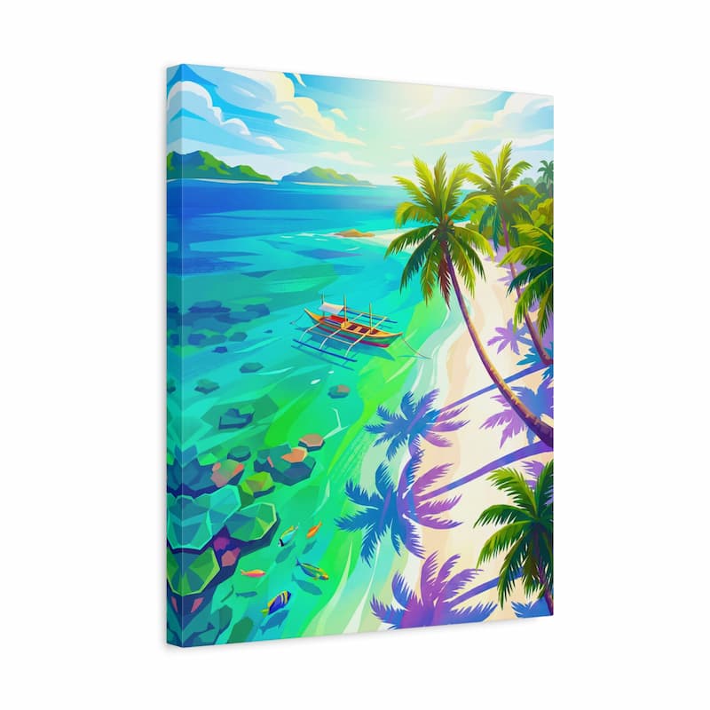 Canvas print of a tropical beach scene with palm trees and a boat.
