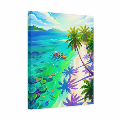 Canvas print of a tropical beach scene with palm trees and a boat.