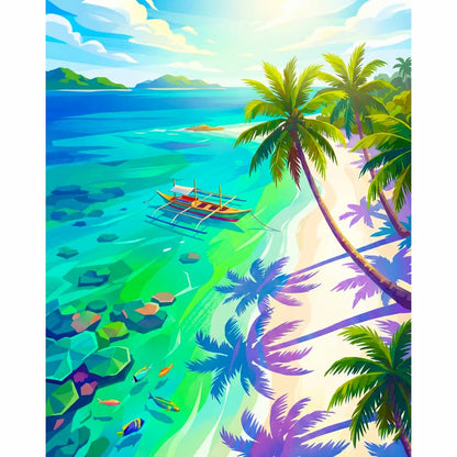 Tropical island scene with palm trees, a boat, and clear blue water.