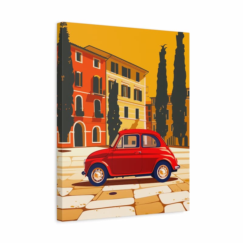 Canvas print with a red car on a street in front of a building