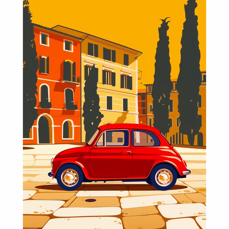 Red vintage car on a street with buildings and trees in the background