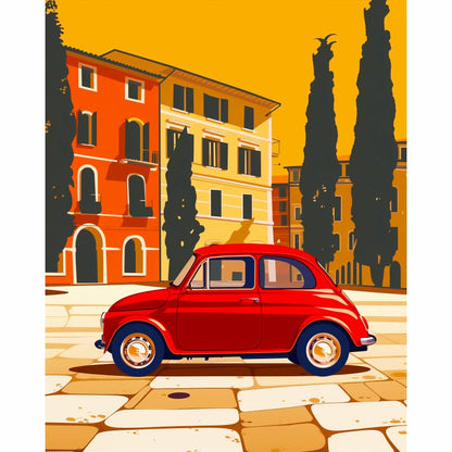 Red vintage car on a street with buildings and trees in the background