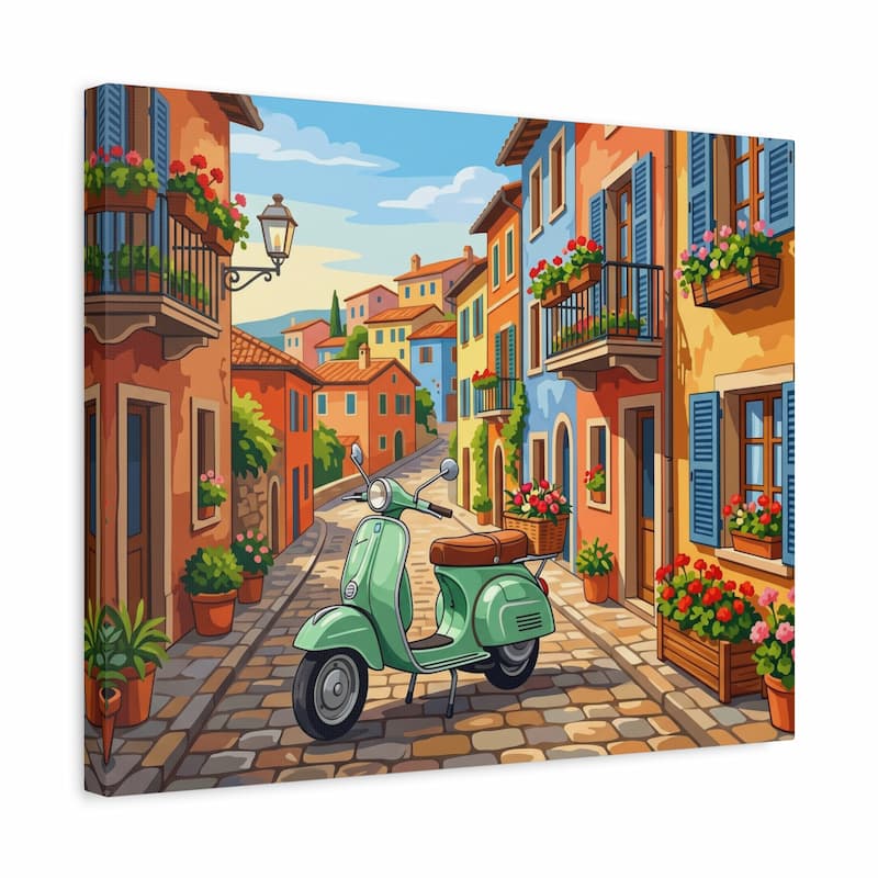 Colorful Italian street scene with a green scooter, flowers, and buildings.