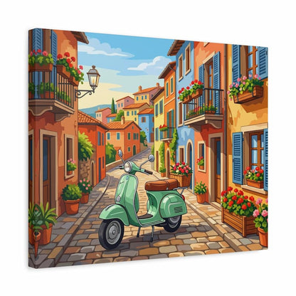 Colorful Italian street scene with a green scooter, flowers, and buildings.
