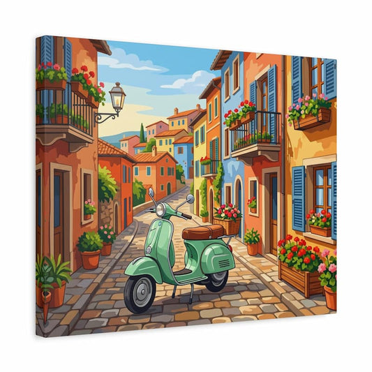 Colorful Italian street scene with a green scooter, flowers, and buildings.