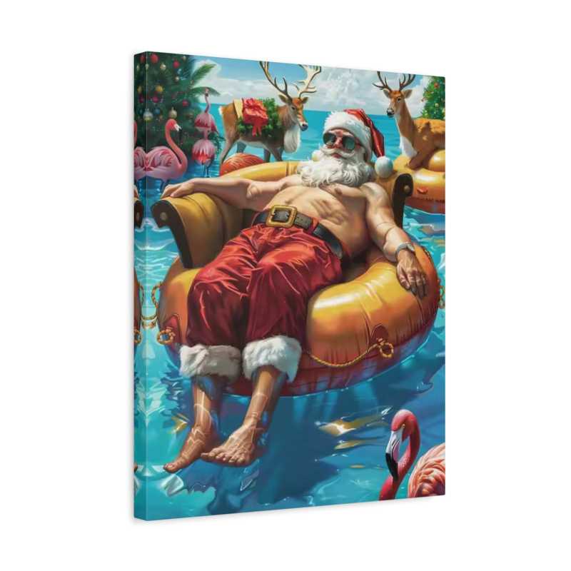 Canvas print of a shirtless Santa Claus lounging on an inner tube with Christmas-themed elements.