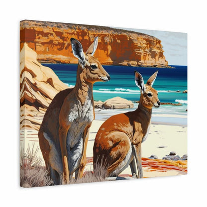 Two kangaroos sitting on a sandy beach with turquoise ocean in the background - Paint by Numbers Kit shown in a frame