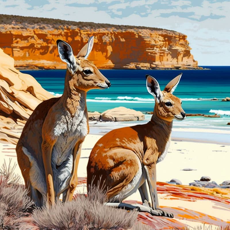 Two kangaroos sitting on a sandy beach with turquoise ocean in the background - Paint by Numbers Kit