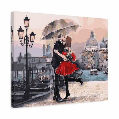 Painting of a couple kissing under an umbrella in a romantic cityscape.