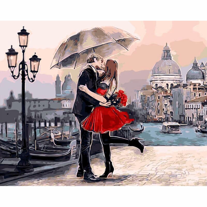 Painting of a couple kissing under an umbrella in a romantic cityscape.