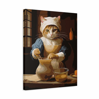 Cat in a historical outfit stirring a pot, styled like a classical painting