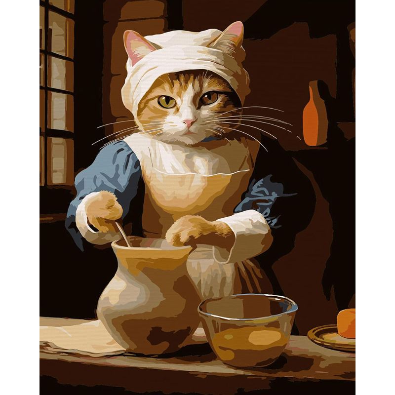 Cat in a historical outfit with a bowl, painting style