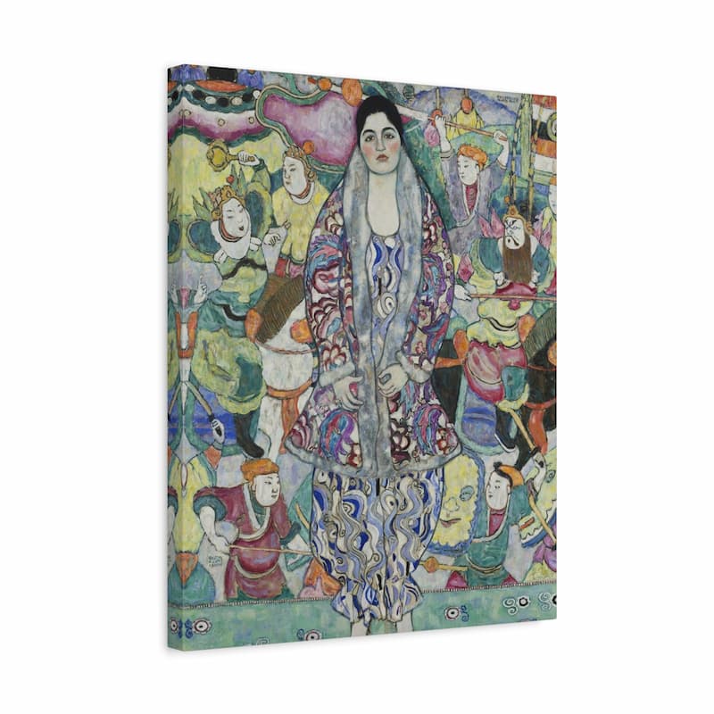 Canvas print of a colorful painting featuring a central figure with decorative clothing, surrounded by smaller figures.