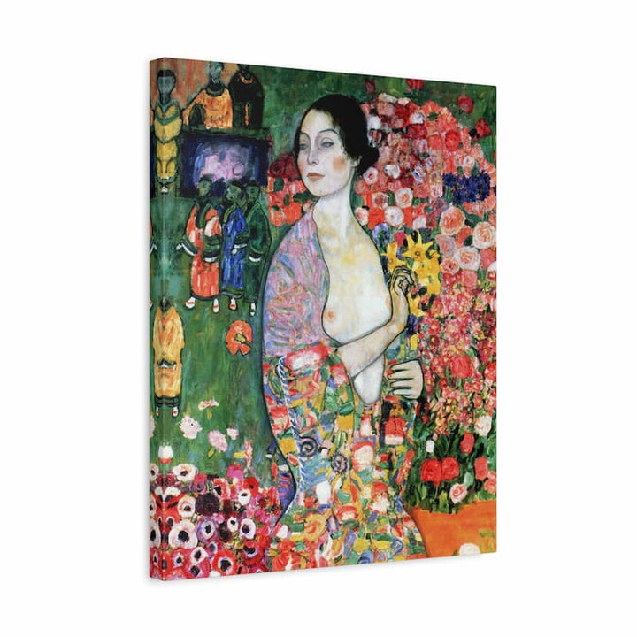Klimt La Danseuse kit de peinture par numéros montrant une femme à moitié tournée contre une explosion de roses, de roses pâles, de rouges et d'ors avec des figures en arrière-plan en vert foncé sur toile de lin
