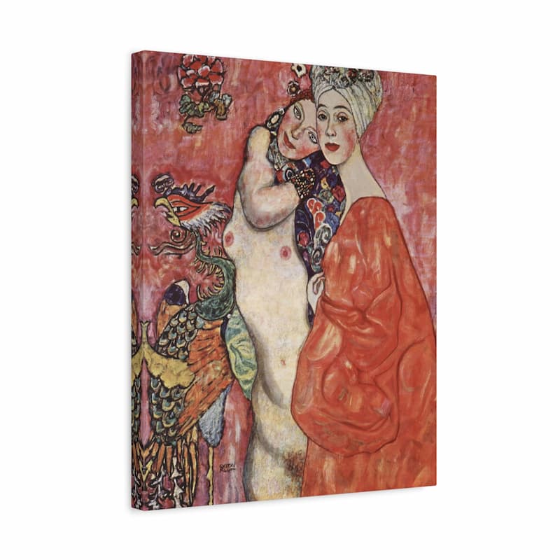 Canvas print of a stylized painting featuring two figures with decorative elements on a red background.