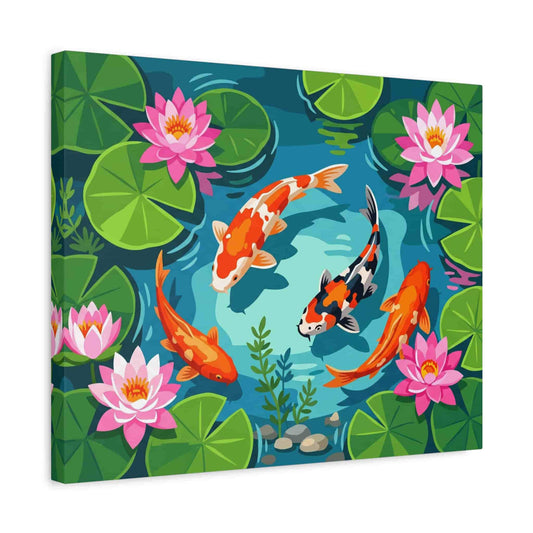Canvas print with koi fish and water lilies on a blue background