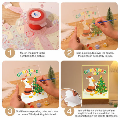 Four-panel step-by-step guide showing how to assemble and use a Christmas painting kit: matching paint to a numbered picture, starting to paint on a clear acrylic panel, finding and drawing the correct colors, and finally displaying the finished illuminated acrylic board with a glowing light.
