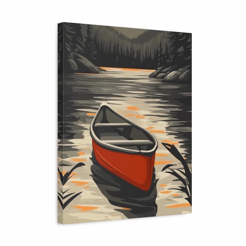 Red canoe floating on a calm forest lake at sunset canvas wall art with reflective water and dark pine tree landscape scene
