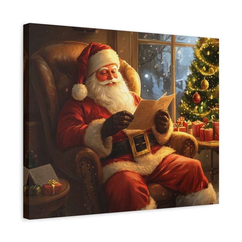Canvas print of Santa Claus reading a letter in a cozy room with Christmas decorations.