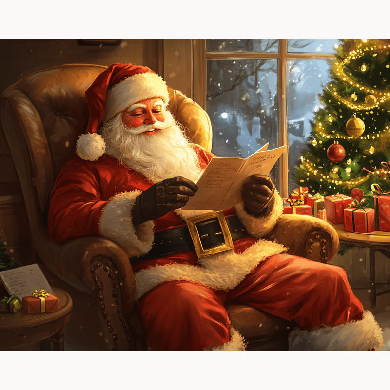 Santa Claus reading a letter in a cozy room with a Christmas tree and presents.
