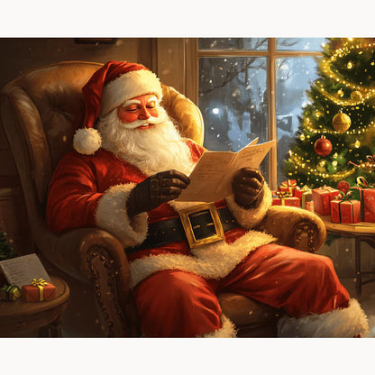 Santa Claus reading a letter in a cozy room with a Christmas tree and presents.