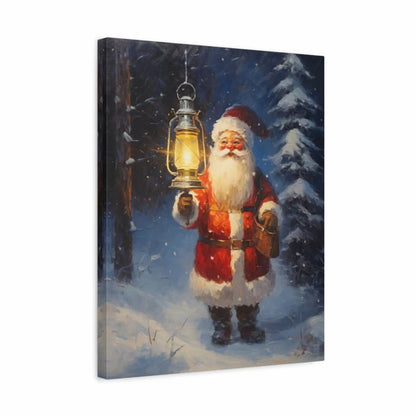 Canvas print of Santa Claus holding a lantern in a snowy landscape